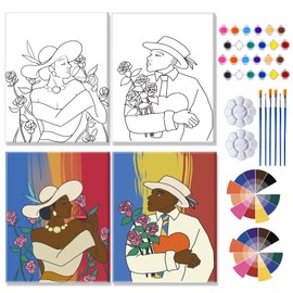 Jekyeroyme 2 Pack Paint and Sip Kit, Couples Painting Kit Date Night, Romantic Roses & Wine Pre Drawn Canvas for Adults Party Supplies Valentine Gifts 8" x 10"