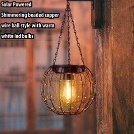 Hanging Solar Lanterns, Solar Lights Outdoor Waterpoof, Solar Chandelier with Warm White Led Bulb, Beaded Copper Wire Ball Shade Patio Garden Decor Lights for Tree Yard Pathway Wall Eave Pergola-2Pack