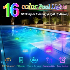 Pool Lights 2 Pack, Rechargeable Submersible LED Lights with Remote, 16 Colors RGB Waterproof Hot Tub Underwater Pool Lights for above Ground Inground Pool/Vase/Aquarium/Pond/Bath/Party Decoration