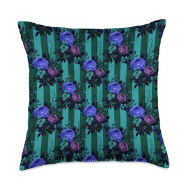 Blue Violet Gothic Roses Vertical Lines Dark Garden Throw Pillow