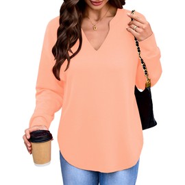 Totatuit Sweatshirts for Women V Neck Long Sleeve Shirts Loose Lightweight Curved Hem Casual Pullover Tops 2025 Fall Coral Small