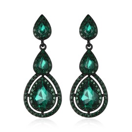 BriLove Bridal Wedding Earrings for Brides Bridesmaid, Rhinestone Crystal 3 Layer Teardrop Dangle Drop for Women Pageant Party Prom Emerald Color Black-Tone