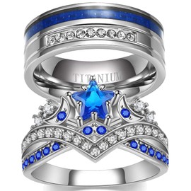 lvrong Couple Rings Matching Rings His Her Ring Stars and Moon Princess Ring Blue CZ Women's Wedding Ring