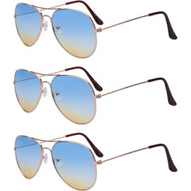 3 Pairs Wholesale Aviator Sunglasses 2 Tone Blue Yellow Lens Gold Metal Frame