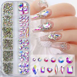 White AB Nail Art Rhinestone, 3D Crystal Nail Diamond Gem, Flatback Rhinestones Multi Shapes Sizes Nail Design for Women Girls Manicure Charms Decorations, DIY Jewelry Making Craft Supplies