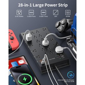 DEPOW Power Strip Surge Protector, 15Ft Long Extension Cord with 22 AC Outlets 6 USB Charging Ports, 1875W/15A, 2100 Joules, Flat Plug Power Outlet for Home, Office, Gaming Room, Black