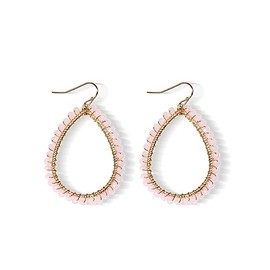Bohemian Boho Beaded Teardrop Dangle Drop Earrings Hollow Sparkly Crystal Gold Wire Wrapped Crystal Earrings for Women Statement Jewelry-pink