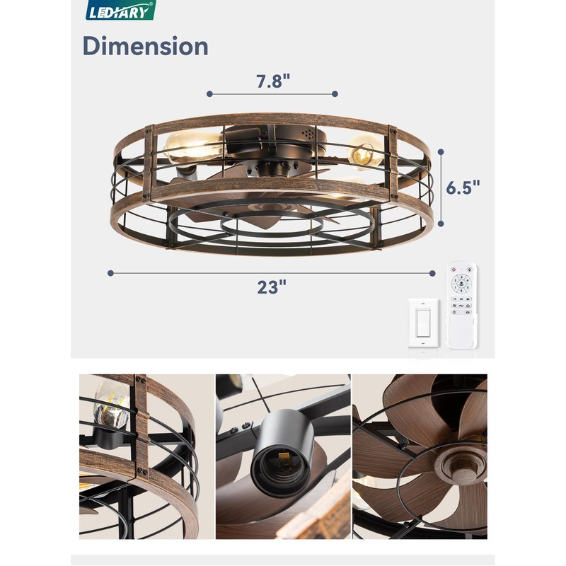 23" Black Gold Caged Low Profile Ceiling Fan with Light