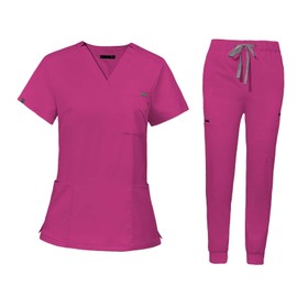 LOVIVER Uniforms Scrub Set Short Sleeve Nurse Top Pants Suit Modern V Neck Scrub Top Female Stretch Nursing Work suits for Healthcare, S, Rose Red
