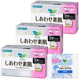 Laurier Happy Bare Skin Deodorizing Plus, For Regular Days, 8.1 inches (20.5 cm), With Wings, 22 Pieces x 3 Sets (66 Pieces) + Bonus Included