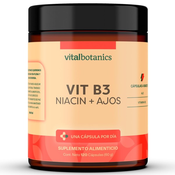 Vitamina B3 / Niacina y Ajo. Con 120 capsulas de 500mg (4 meses). VitalBotanics. Multivitaminico, Vitaminas. Suplementos Alimenticios. Libre de Gluten y Aditivos. Apto Dieta Keto.