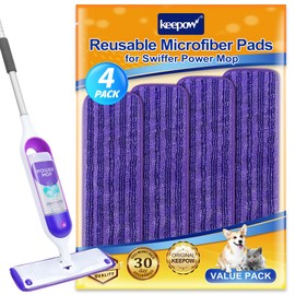 KEEPOW Reusable Power Mop Refill Pads for Swiffer Power Mop, Powermop Mopping Pad Refills for Wood Floor Cleaning, Machine Washable Microfiber Mop Pads for Wet and Dry Use, 4 Pack