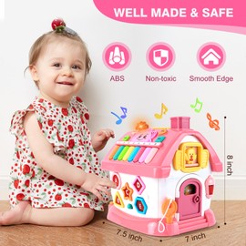 DELUTIQUE Toddler Girl Toys for 1 Year Old, Montessori Toys for 1 Year Old Girl Birthday Gift, 8 in 1 Pink Baby Musical Learning House with Sound Light Music, Creative Gifts for Baby 12 18 Months