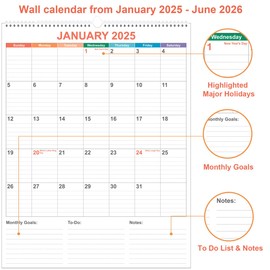 Large Calendar 2025-2026 with Spiral Bound - 18 Month Big Calendar from Jan 2025 to Jun 2026, Vertical Large Monthly Calendar 2025-2026 for Wall, Calendario 2025, 22" x 17", Colorful