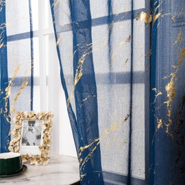 Lavyhuno Sheer Curtains 84 inch Length 2 Panels Set, Rod Pocket Voile Drapes for Living Room, Metallic Gold Foil Print Window Treatment Privacy Pair, 52" W x 84" L, Navy Blue Marble