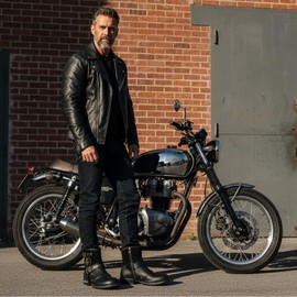 Psanfawq Motorcycle Boots Men Waterproof Leather -Retro Moto Biker Boots with Zip Up & Harness, Riding Combat Boots for Men Casual & Daily Wear,Black,9.5,AF001