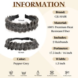 CJL HAIR 2PCs Braided Headbands Hair Piece for Women Synthetic Hair Hoops Head Bands Handmade Braid Hairband Accessories Elastic Stretch Headwrap Pepper Grey