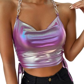 Women's Metallic Holo Halter Chain Neck Cami Tank Top Sleeveless Vest Crop Tops for Rave Music Festival