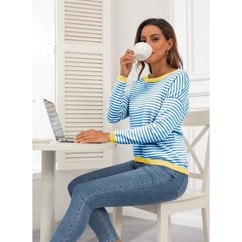 DUOEASE Women's Striped Knitted Pullover Long Sleeve Autumn Crew Neck