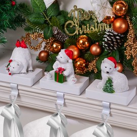 UNIQOOO Handmade White Polar Bear Christmas Stocking Holders, Large 3Pcs Mantel Hook Set with Base Pads, Holds 2 Lb, Cubs with Xmas Tree, Candy Cane, Birds Fireplace Stocking Hanger Décor for Garlands