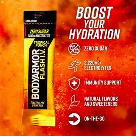 BODYARMOR Flash IV Electrolyte Packets, Tropical Punch - Zero Sugar Drink Mix, Single Serve Packs, Coconut Water Powder (6 Count)