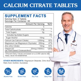 Calcium Citrate 1200mg Supplement with Vitamin D3 for Women and Men - Calcium Magnesium Zinc D3 Supplement for Bone, Teeth, Immune Support, Vegan-Friendly - 120 Tablets