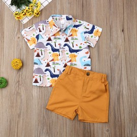 ESSECMBS Toddler Baby Boys Summer Cute Dinosaur Clothing Set 2 Pieces Short Sleeve Lapel Collar Button-Down Shirts Blouse Plain Shorts Boys Gentleman Clothing, yellow