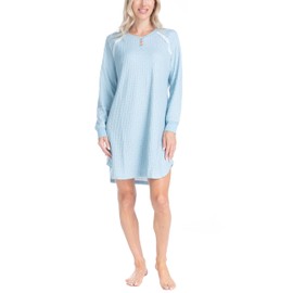 Ocean Pacific Waffle Knit Sleepshirt, Henley Long Sleeve Nightgown, White Dot, Medium
