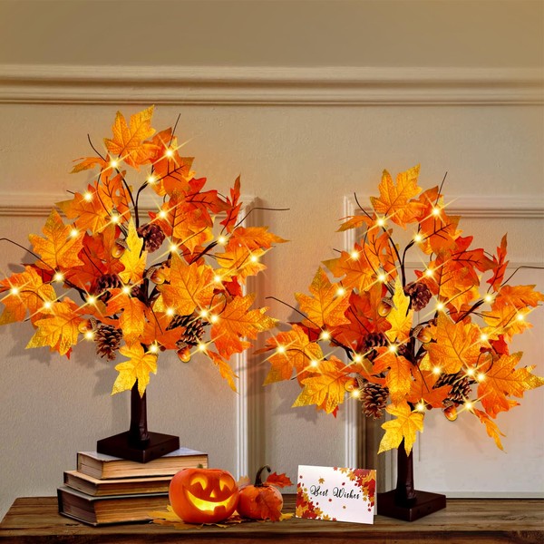 CKE 24 Inch Artificial Fall Tree Lighted Maple Tree Battery USB Operated w/Timer, 24 LED Thanksgiving Decorations Table Lights Tree for Autumn Wedding Party Gift Indoor Outdoor Harvest Home Decoration