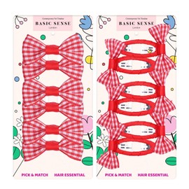 Basic Sense 12pcs Gingham Check Bow School Hair Set, Ribbon Snap Clips & Hair Elastics Ties for Girls School Uniform, Red