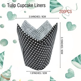 200 Pcs Grid Tulip Cupcake Liners Black Greaseproof Muffin Baking Liners Tulip Cupcake Wrappers for Bridal Baby Shower Wedding Birthday Party Christmas Decor