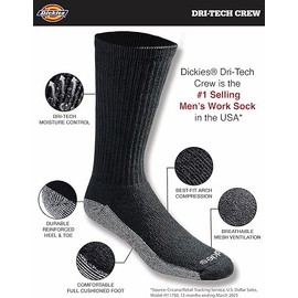 Dickies Men's Dri-Tech Original Moisture Control Crew Socks, Available in M-XXL (6, 12, 18 Pairs)
