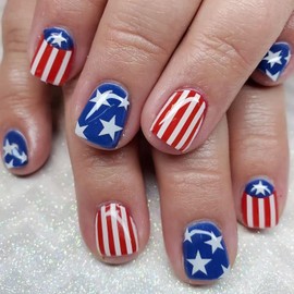 4th of July Fake Nails Short Press on Nails Square Petite False Nails American Flag Full Cover Patriotic Acrylic Nails Cute Star Artificial Glue on Nails for Women Independence Day Nails Decor 24Pcs