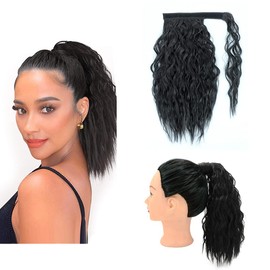 Yinmei Baibian Short Ponytail Hair Extensions 14inch Curly Wavy Ponytail Hair Pieces Nature Color Synthetic Corn Wave Clip in on Pony Tail for Women Girls Fluffy Magic Paste Wrap Around Ponytails(2#)
