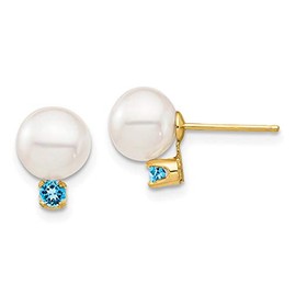 14K Yellow Gold 7-7.5mm White Round Freshwater Cultured Pearl Swiss Blue Topaz Post Ball Earrings