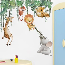 Runtoo Safari Animals Wall Decals Palm Leaves Giraffe Lion Elephant Wall Art Stickers for Kids Bedroom Nursery Home Decor