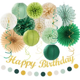 Sage Green Champagne-Gold Birthday Party-Decorations - 21pcs Happy Banner,Olive Retro Paper Lanterns Pom Poms,Rustic Boho Neutral Streamers Garland,Women Girls Boy Decor Supplies Huglony