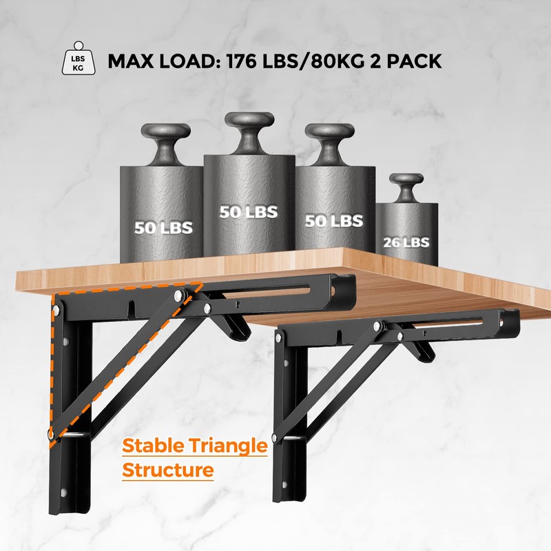 Ravinte Folding Shelf Brackets - Matte Black Collapsible 12 Inch