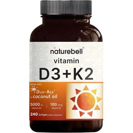 NatureBell Vitamin D3 K2-240 Softgels - 5,000 IU Vitamin D3 & 100mcg Vitamin K2 MK-7 - with Virgin Coconut Oil - Bone, Heart & Immune Health Support* - Duo-Ack Formula