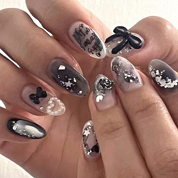 MERVF Almond Press on Nails Medium Fake Nails Black Stiletto