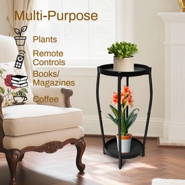 Uniqcovosa Plant Stand Indoor, 2 Tier Tall Metal Round Potted Holder Rack, Heavy Duty Corner Shelf Flower Pot Holder Display Rack for Patio Living Room Balcony Garden, Black