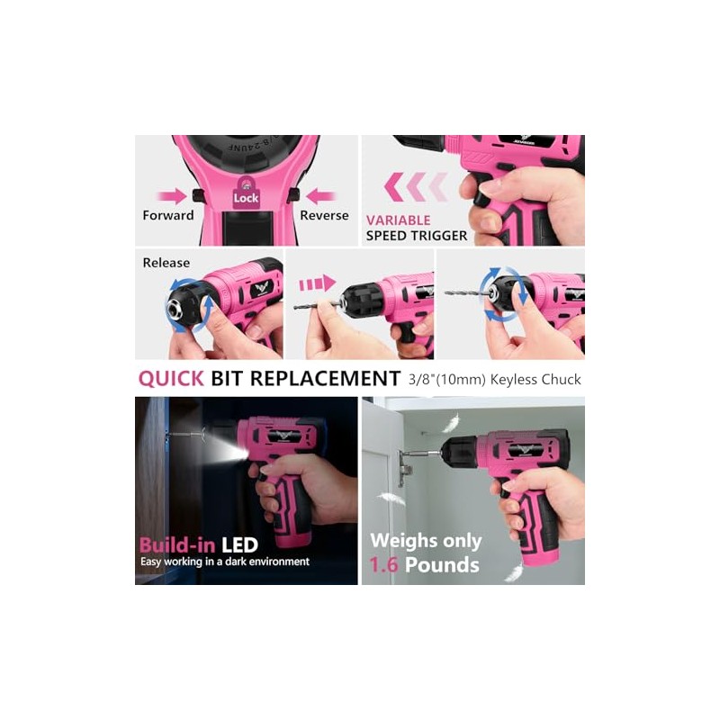 JENABOM 127-Piece Home Tool Set with 8V Pink Cordless Drill
