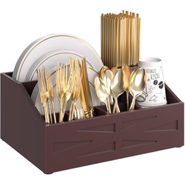 Paper Plate Dispenser,for Countertop,Paper Plate Holder for Kitchen Counter,Wood Rustic silverware holder,paper plate organizer for Fork Knife Spoons Plates,Silverware Caddy for Party,Camping