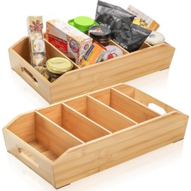 Pumtus 2 Pack Bamboo Pantry Organizers, Storage Bin with Removable Dividers, Divided Snack Oragnizer with Handle, Stackable Cabinet Basket, Drawer Caddy for Kitchen Office Packets Sauce Pouches