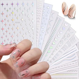 12 Sheets Laser Heart Star Nail Art Stickers 3D Self Adhesive Aurora French Line Nail Stickers Glitter Designs Holographic Nail Art Supplies Silver Nails Decals for Women Manicure Tips Decorations
