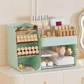 FYABREEK Makeup Organizer with 2 M Drawers & Brush Holders - Cosmetic Storage Case for Vanity, Bathroom Countertop & Desk - Skincare & Office Supplies Organizer (Green, M)