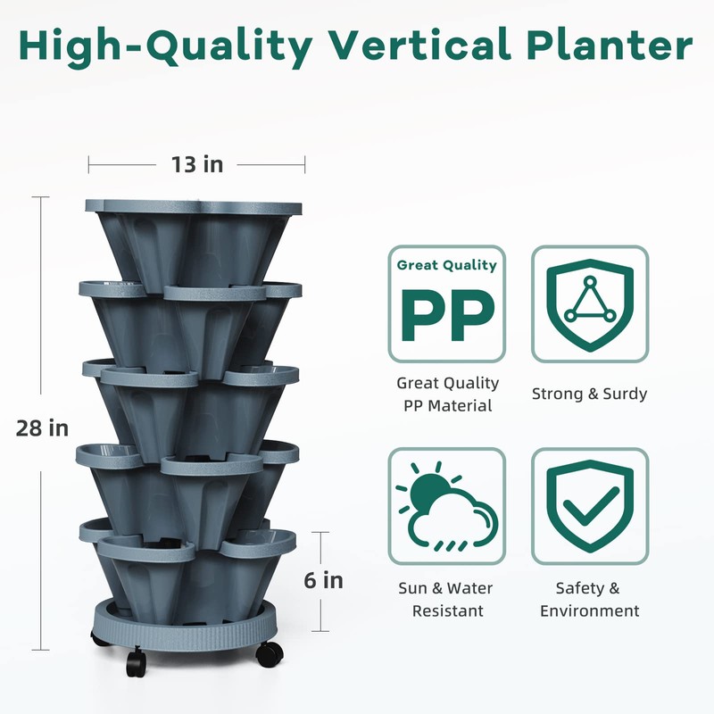 Tectsia Strawberry Vertical Planters, 5 Tiered Stacking Tower Garden, Stackable