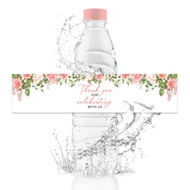 URROMA Water Bottle Label, 50Pcs Pink and White Flowers Thank You for Celebrating with Us Waterproof Bottle Stickers for Wedding Birthday Baby Shower