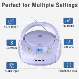 WIITHINK Portable Radio CD Player Boombox with Bluetooth,FM Radio,USB MP3 Playback,AUX-in,Headphone Jack,CD-R/RW and MP3 CDs Compatible,Kids CD Players for Home or Outdoor (Purple)