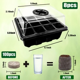 Halatool Seed Starter Kit 8 Pack 96 Cells Black Plant Germination Trays with 100 PCS Peat Pellets for Seedlings Organic Seed Stater Soil Pods for Seeds Growing Planting Vegetables, Flowers